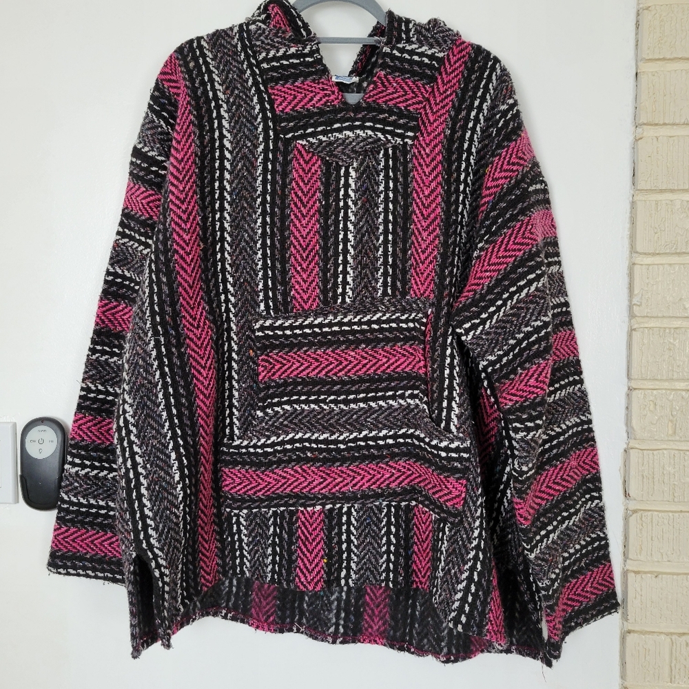 Emisa pink woven baja hoodie/drug rug surf pullover sweater made in Mexico